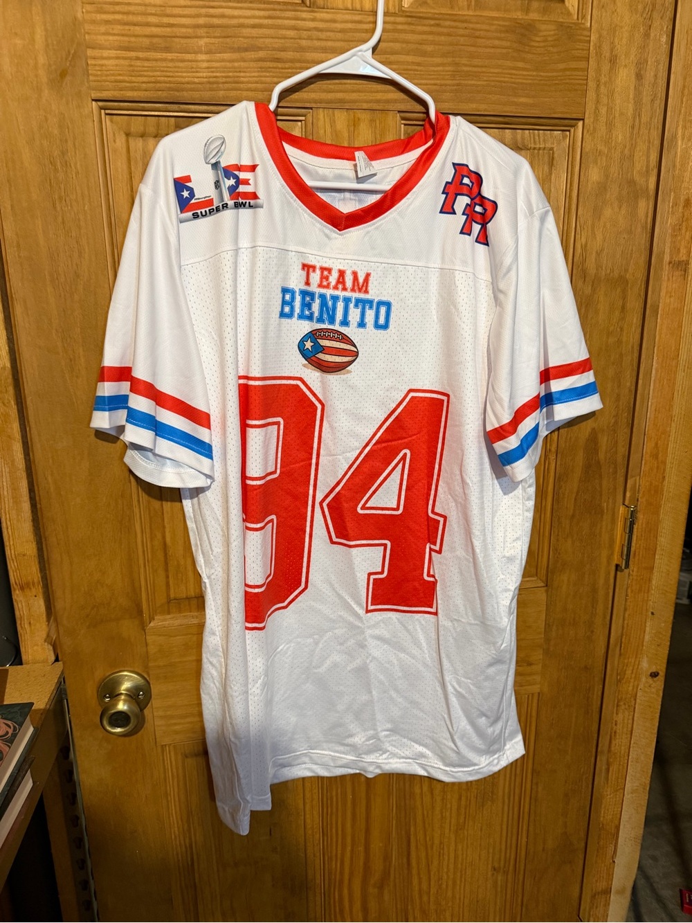 Team Benito #94 White Football Jersey with Red and Blue Accents